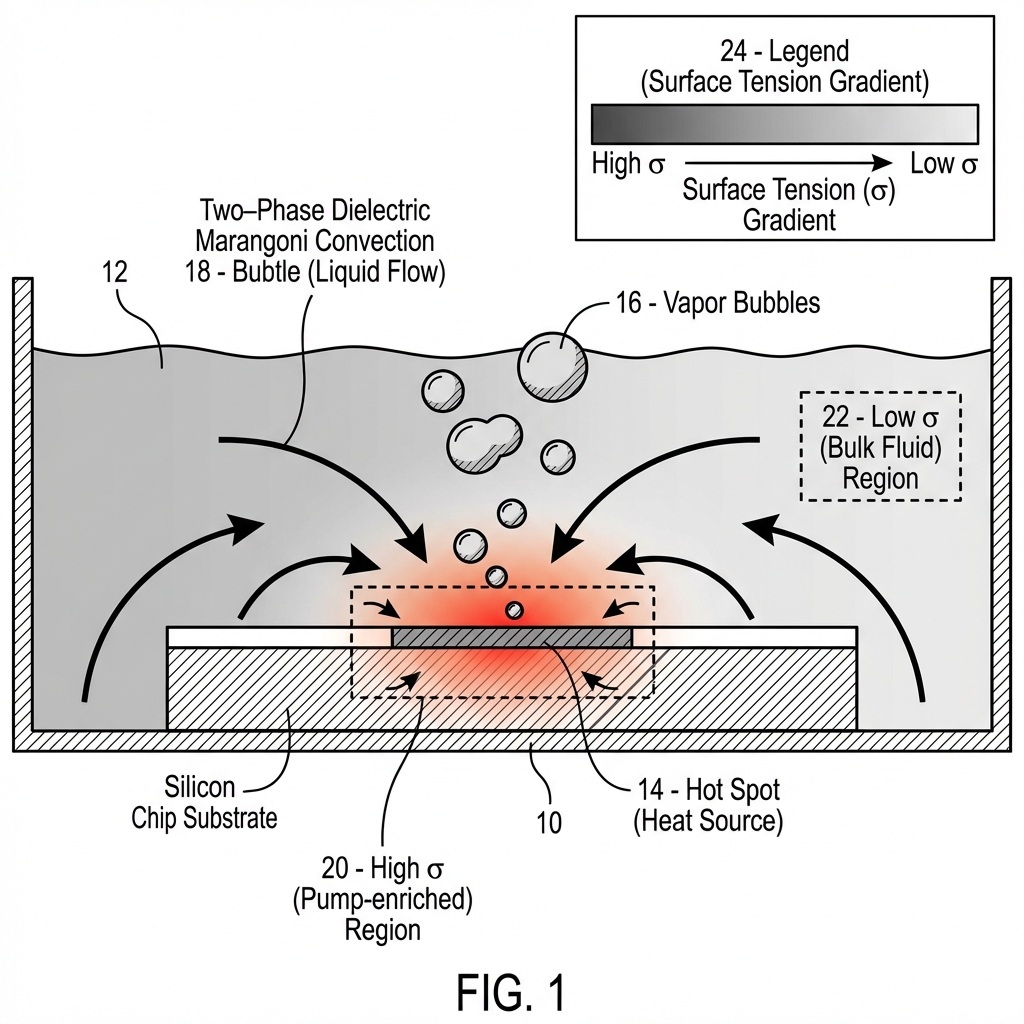 Marangoni self-pumping mechanism — surface tension gradient driving flow toward heat source